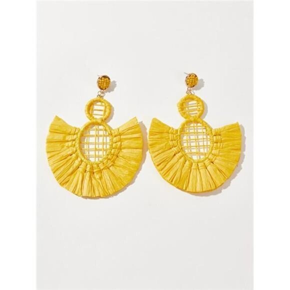 Women’s Statement Raffia Tassel Earrings Boho Dangle Drop Yellow - Picture 6 of 8